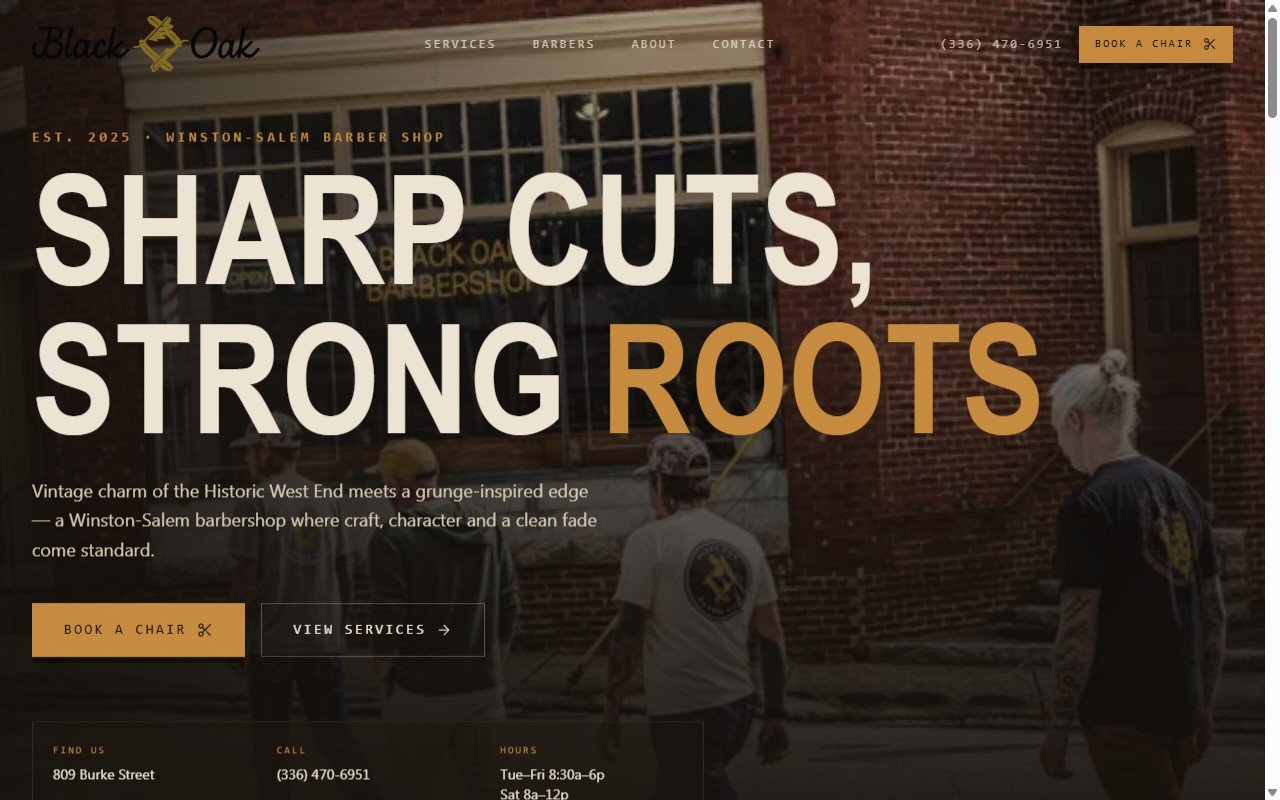 Black Oak Barbershop website homepage with a bold 'Sharp cuts, strong roots' hero