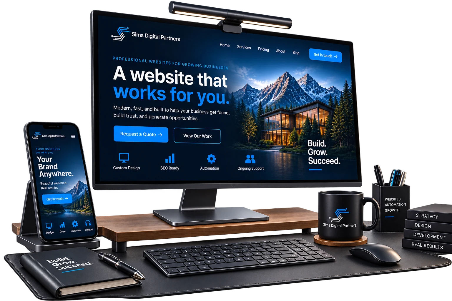 Sims Digital Partners website shown across a desktop monitor and phone on a studio desk