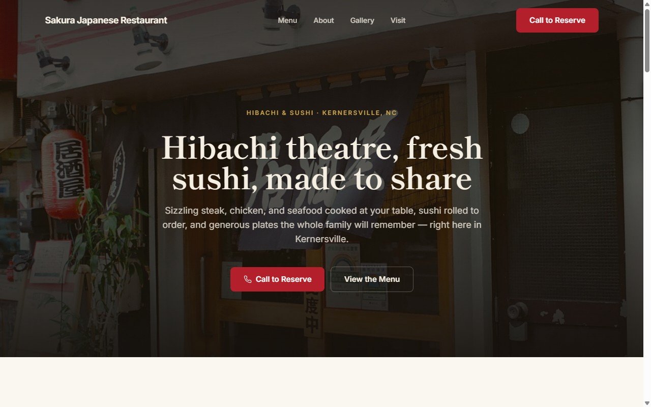 Sakura Japanese Restaurant website homepage with a hibachi hero and reserve buttons